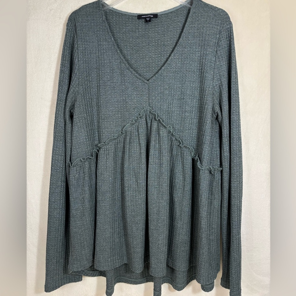 Mittoshop Women’s Charcoal Long Sleeve V-Neck Ruffled Flowy Waffle Knit Top